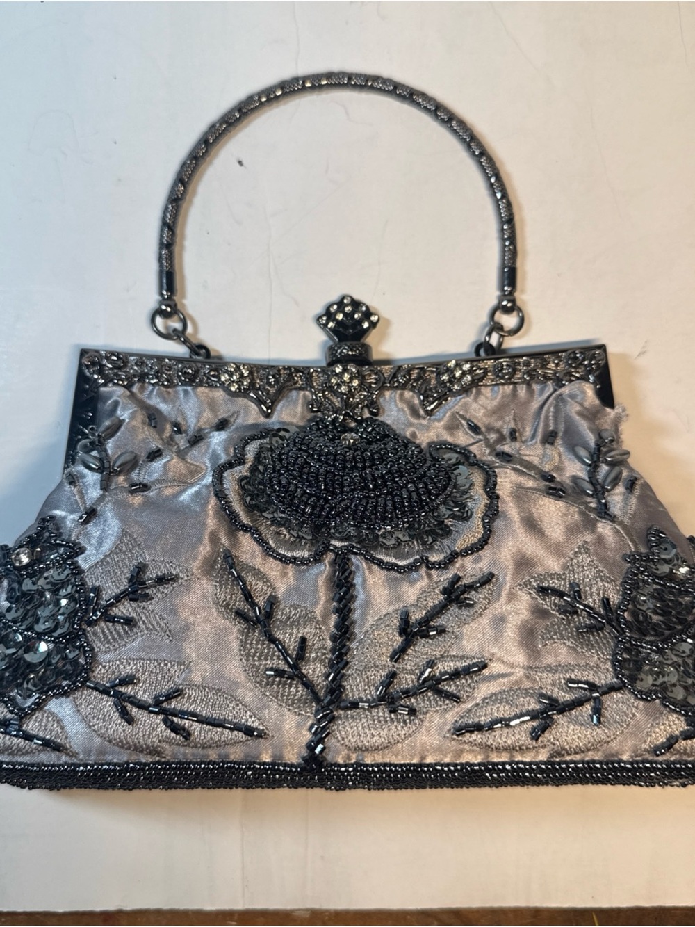 Elegant Beaded Silver Evening Handbag